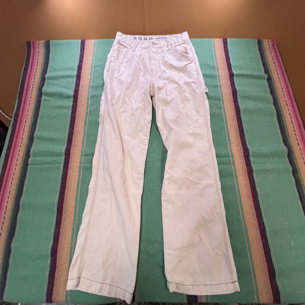 S.O.N.G. Carpenter Pants Womens 9/29 Cream 90s Boyfriend Wide Leg Utility Jeans